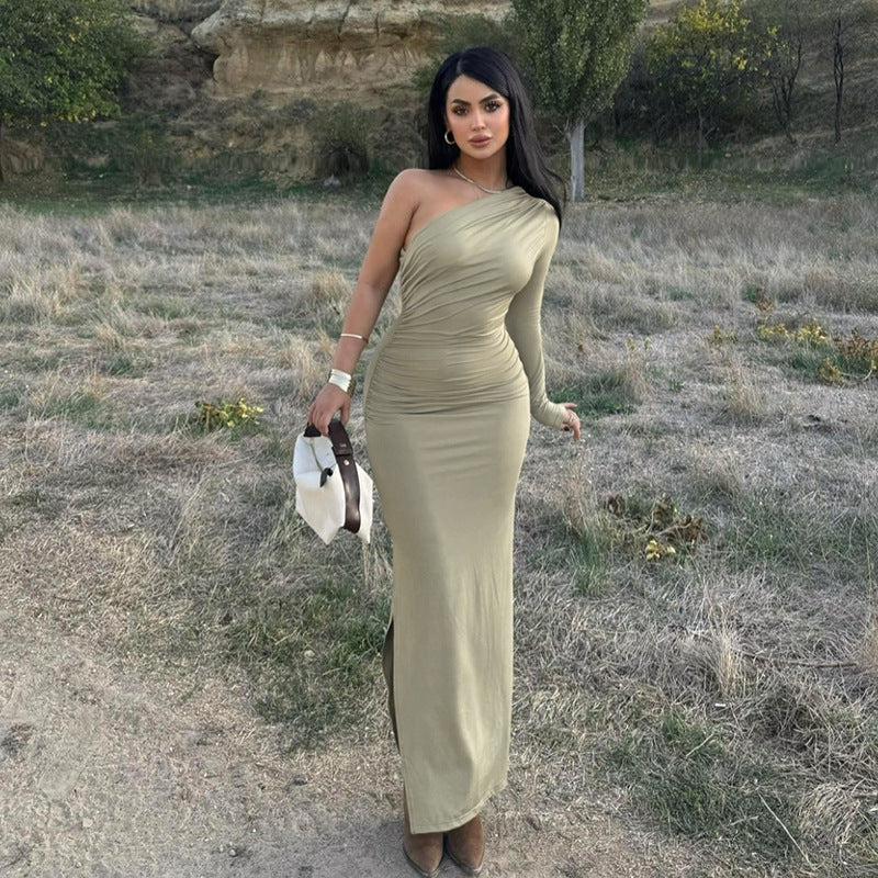 Ruched One-Shoulder Bodycon Maxi Dress with Single Long Sleeve