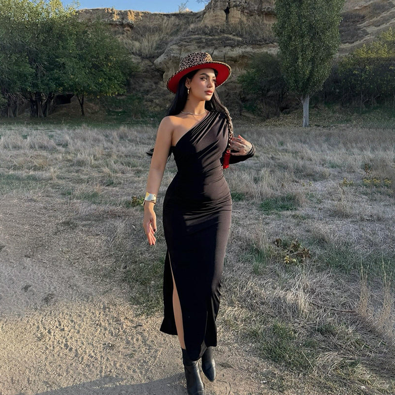 Ruched One-Shoulder Bodycon Maxi Dress with Single Long Sleeve
