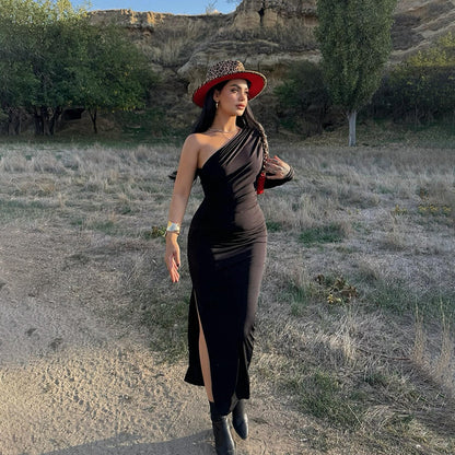 Ruched One-Shoulder Bodycon Maxi Dress with Single Long Sleeve