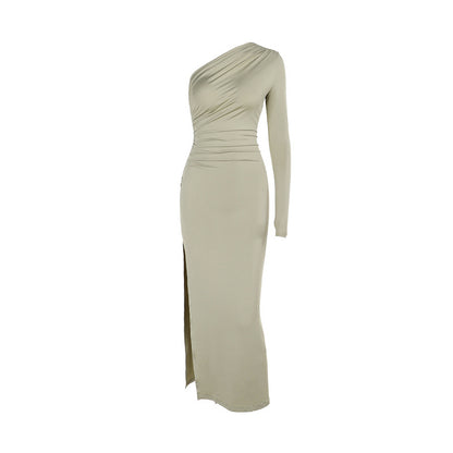 Ruched One-Shoulder Bodycon Maxi Dress with Single Long Sleeve