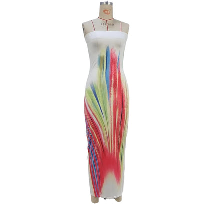 Rainbow Painted Bodycon Midi Dress with Strapless Neckline