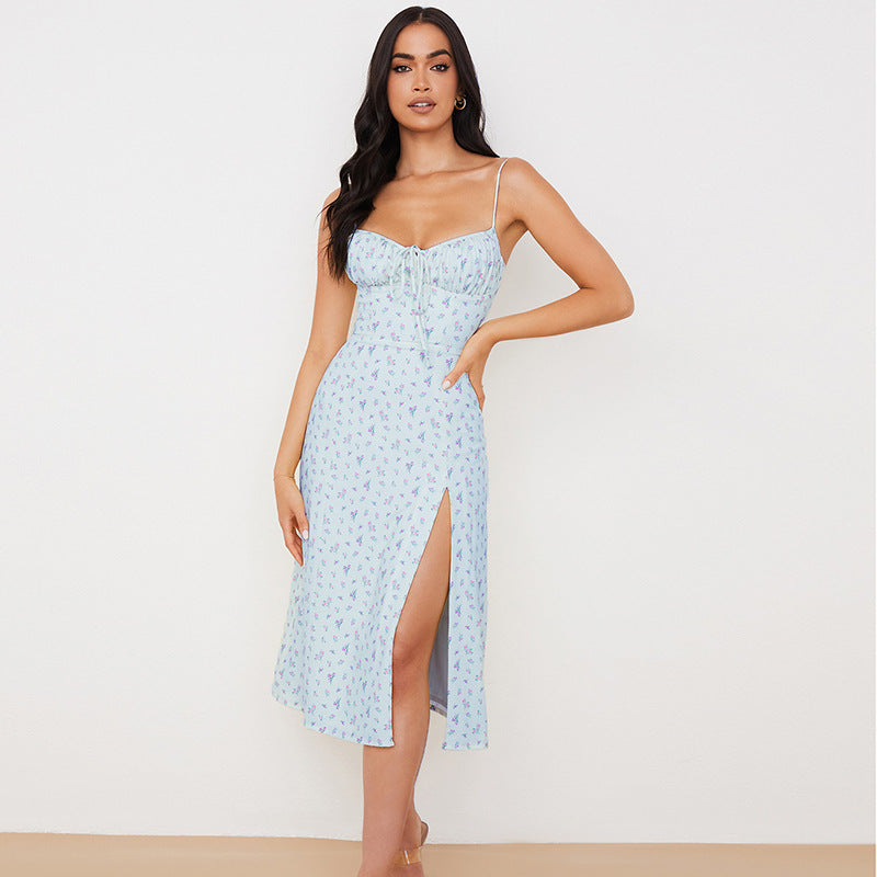 Floral Print Midi Dress with Ruched Bust and High Slit