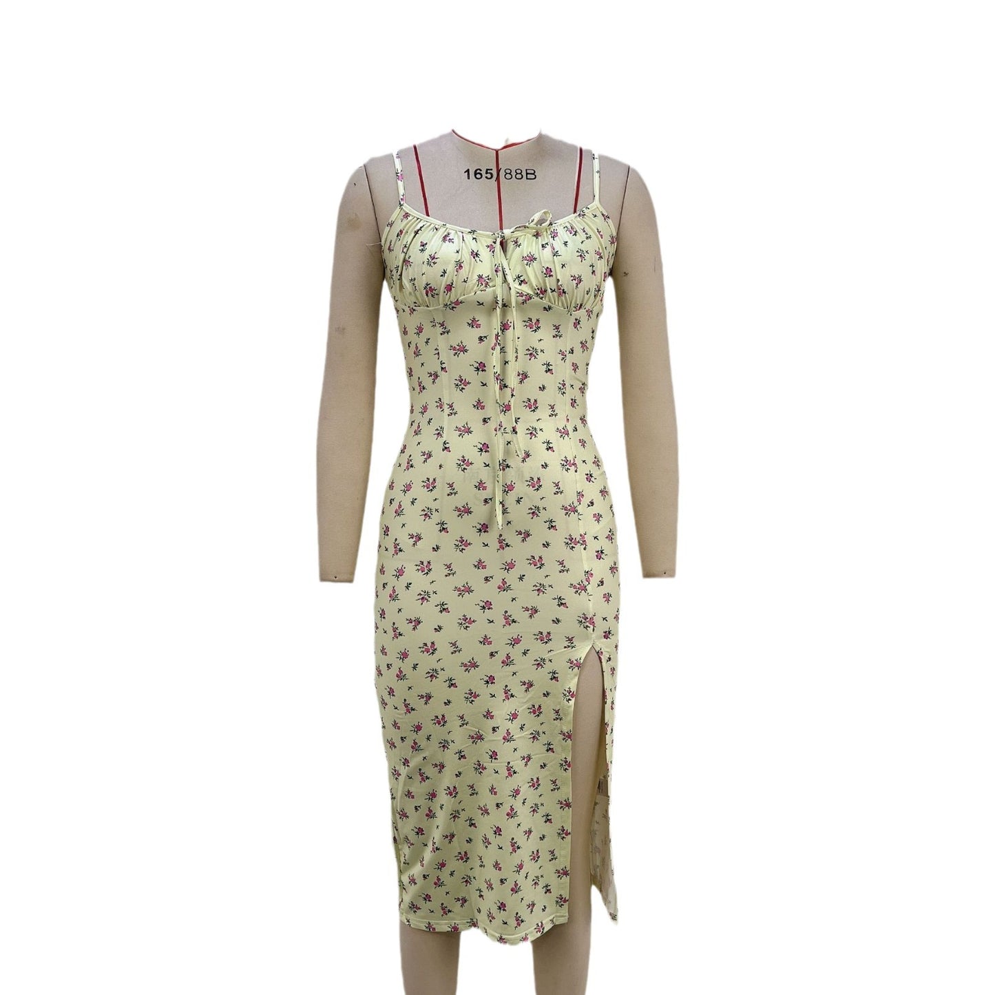 Floral Print Midi Dress with Ruched Bust and High Slit