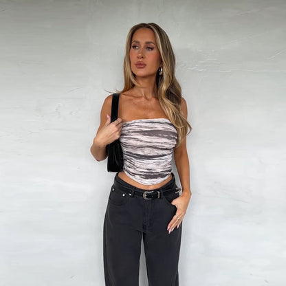 Floral Print Ruched Tube Top with Curved Hem