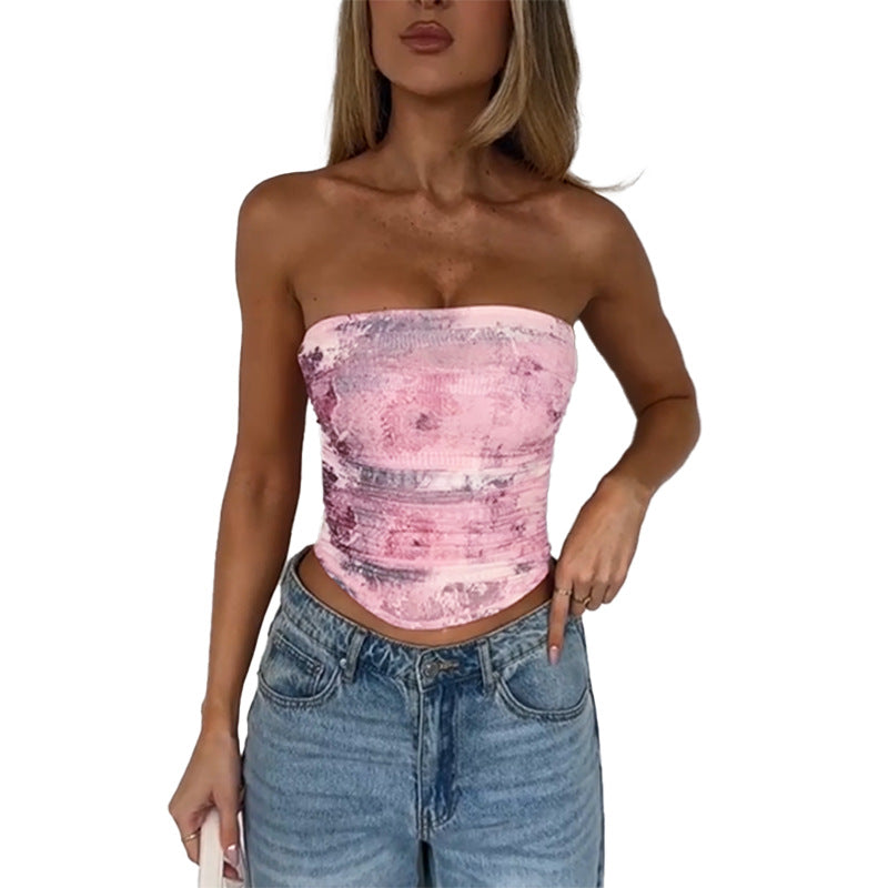 Floral Print Ruched Tube Top with Curved Hem