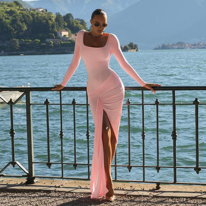 Bodycon Maxi Dress with Square Neck and Ruched High Slit