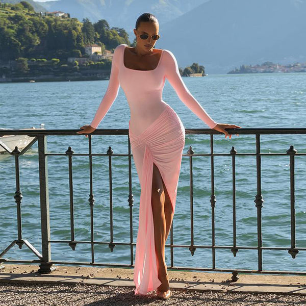 Bodycon Maxi Dress with Square Neck and Ruched High Slit