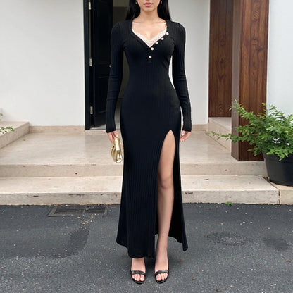 Ribbed Bodycon Maxi Dress with Lace Trim and Side Slit