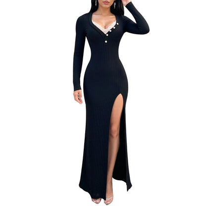 Ribbed Bodycon Maxi Dress with Lace Trim and Side Slit