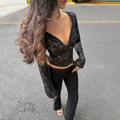 Cropped Sheer Lace Top with V-Neck and Long Sleeves