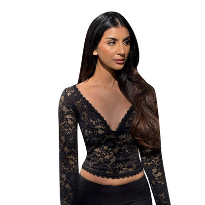 Cropped Sheer Lace Top with V-Neck and Long Sleeves