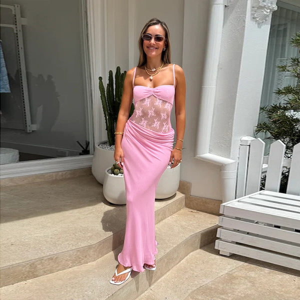 Bodycon Maxi Dress with Sheer Lace Bodice and Draped Hip