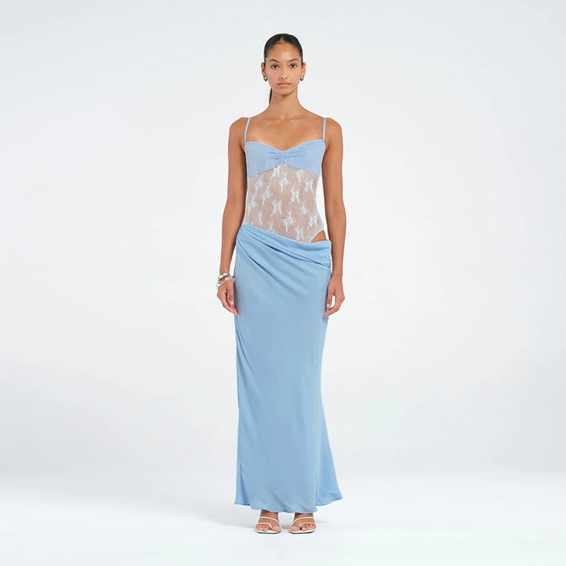 Bodycon Maxi Dress with Sheer Lace Bodice and Draped Hip