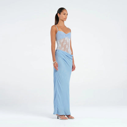 Bodycon Maxi Dress with Sheer Lace Bodice and Draped Hip