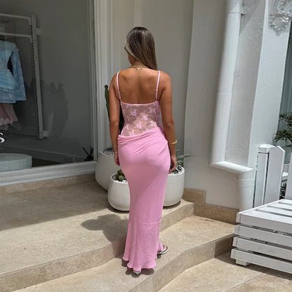 Bodycon Maxi Dress with Sheer Lace Bodice and Draped Hip