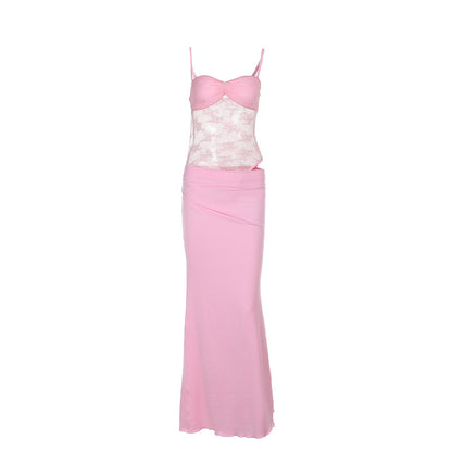 Bodycon Maxi Dress with Sheer Lace Bodice and Draped Hip
