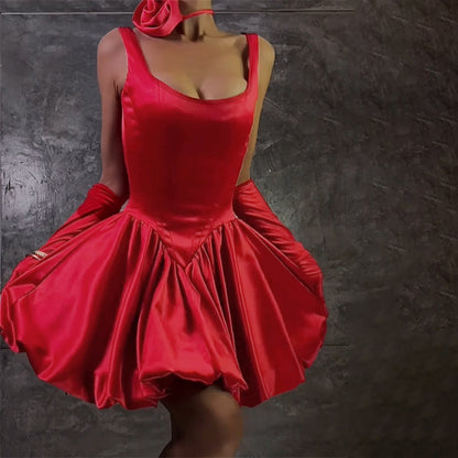 Sleeveless Satin Mini Dress with Corset Bodice and Bubble Skirt