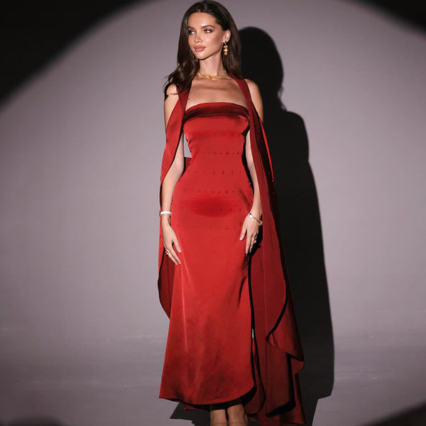 Strapless Sheath Maxi Dress with Matching Cape Detail