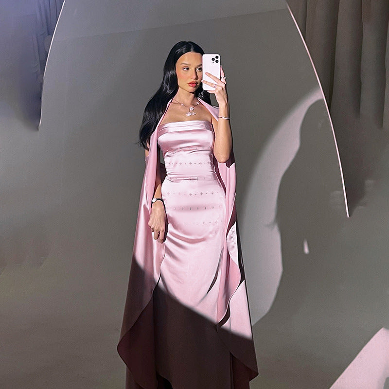 Strapless Sheath Maxi Dress with Matching Cape Detail