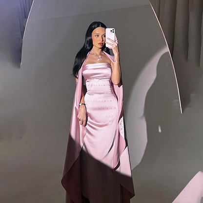 Strapless Sheath Maxi Dress with Matching Cape Detail