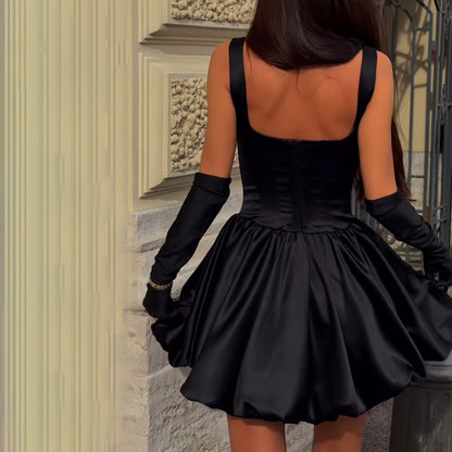 Sleeveless Satin Mini Dress with Corset Bodice and Bubble Skirt