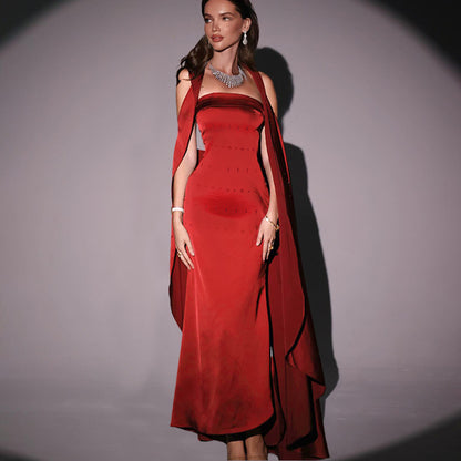 Strapless Sheath Maxi Dress with Matching Cape Detail