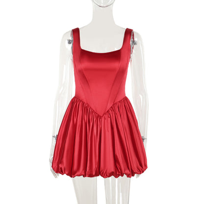 Sleeveless Satin Mini Dress with Corset Bodice and Bubble Skirt
