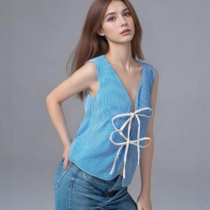 Striped Slim-Fit Knit Vest with Front Tie Detail