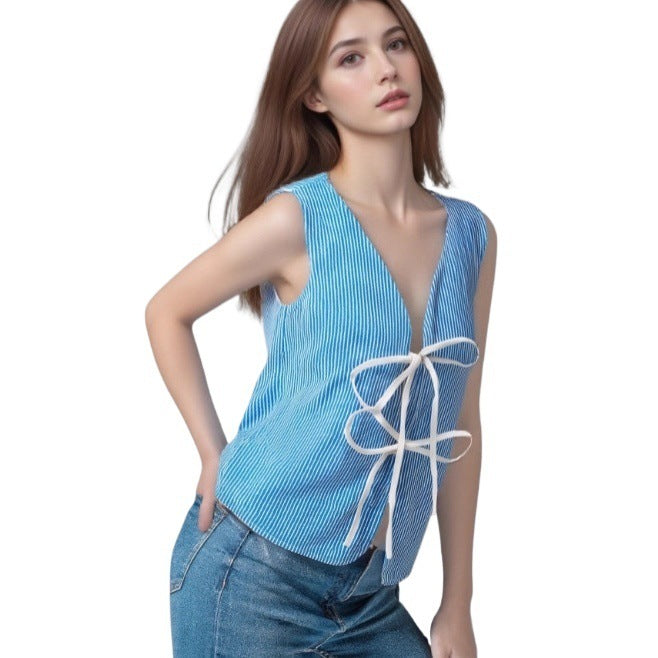 Striped Slim-Fit Knit Vest with Front Tie Detail