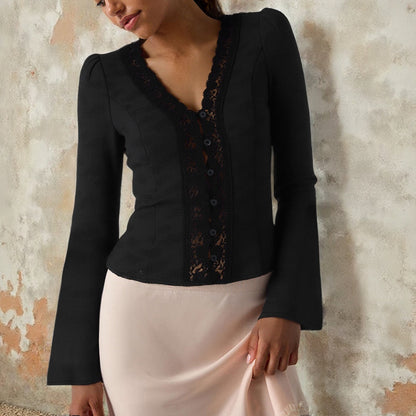 Cropped V-Neck Cardigan with Lace Trim and Flared Sleeves