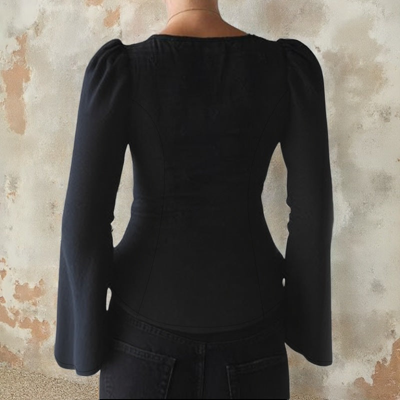 Cropped V-Neck Cardigan with Lace Trim and Flared Sleeves