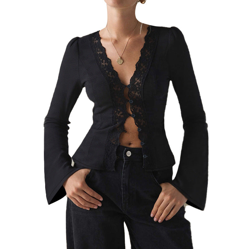 Cropped V-Neck Cardigan with Lace Trim and Flared Sleeves