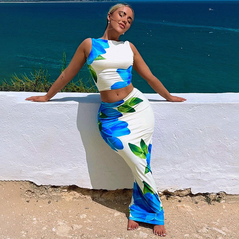 Floral Print Bodycon Maxi Set with Sleeveless Crop Top