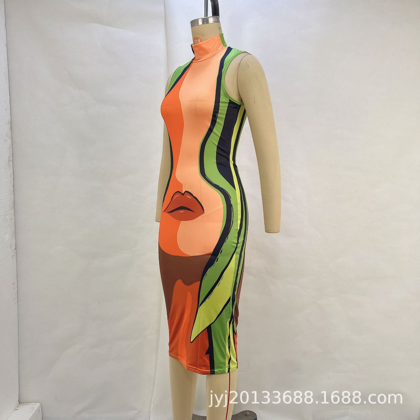 Abstract Graphic Print Bodycon Midi Dress with Stand Collar