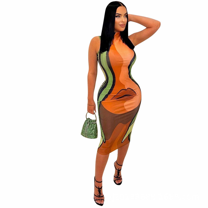 Abstract Graphic Print Bodycon Midi Dress with Stand Collar