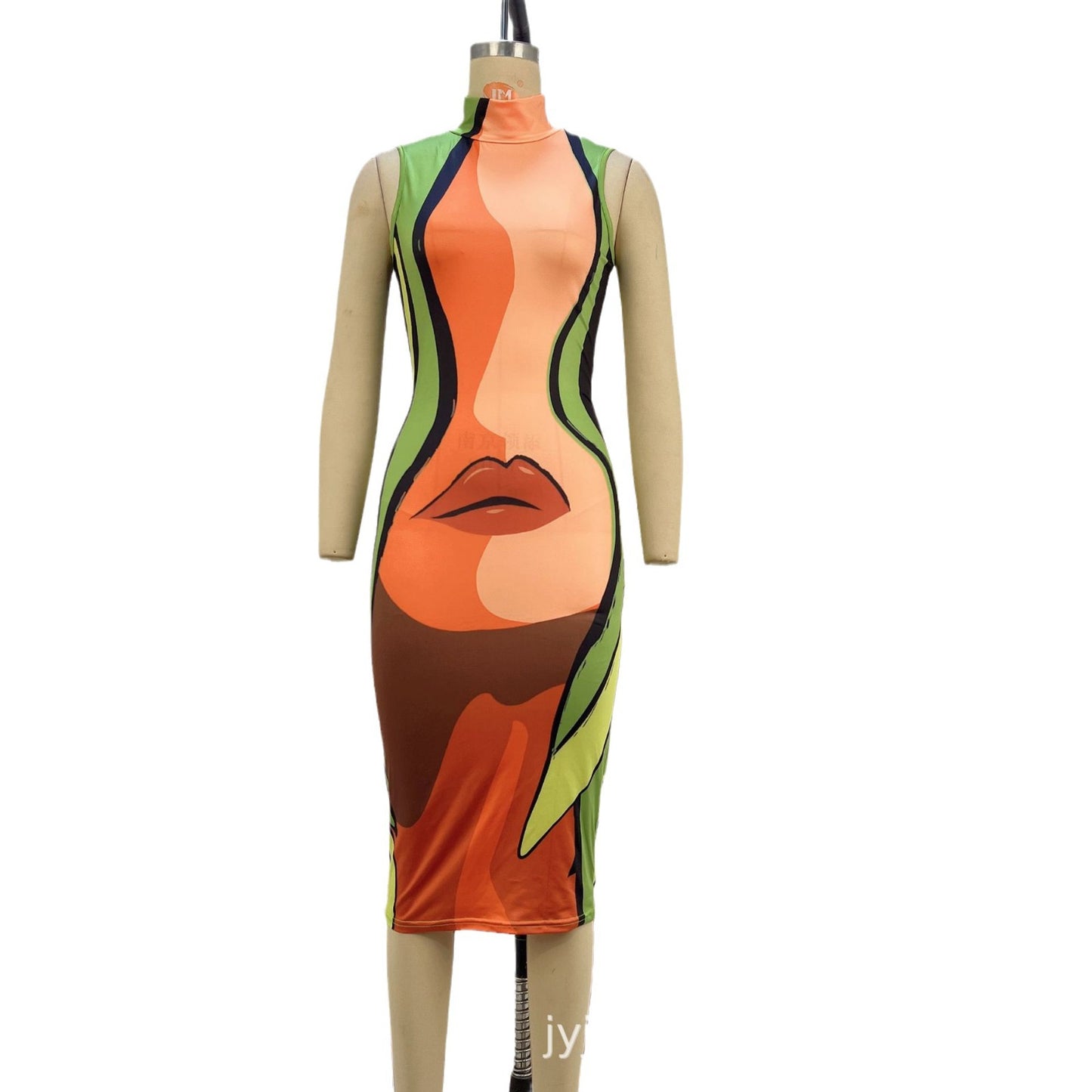 Abstract Graphic Print Bodycon Midi Dress with Stand Collar