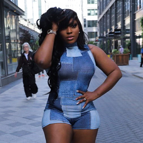 Denim Patchwork Print Bodycon Romper with Mock Neck