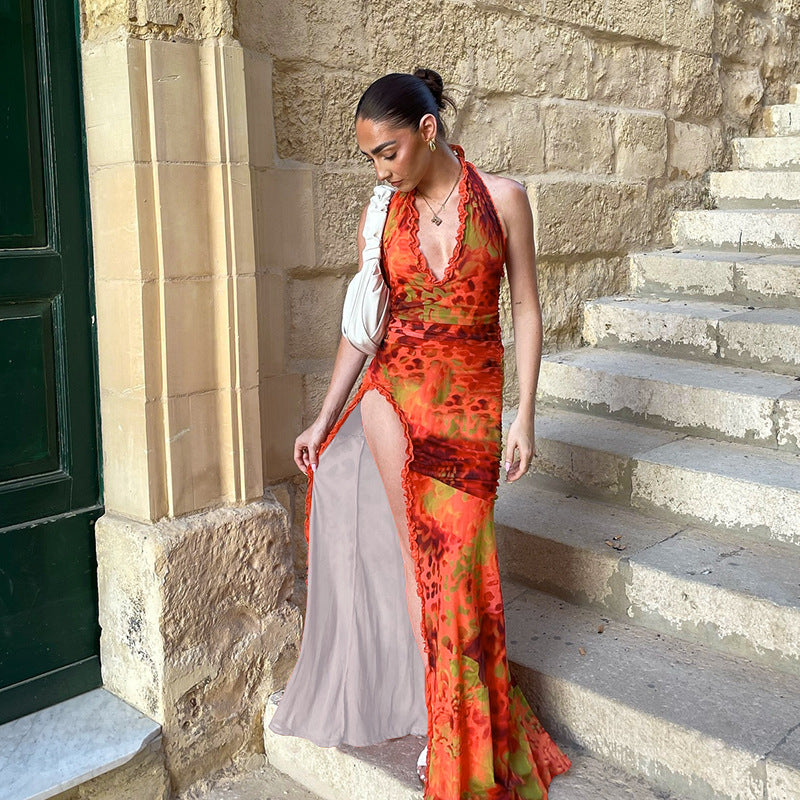 Animal Print Bodycon Maxi Dress with Halter Neck and High Slit
