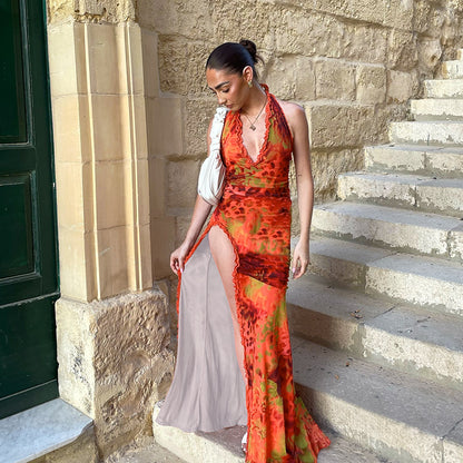 Animal Print Bodycon Maxi Dress with Halter Neck and High Slit