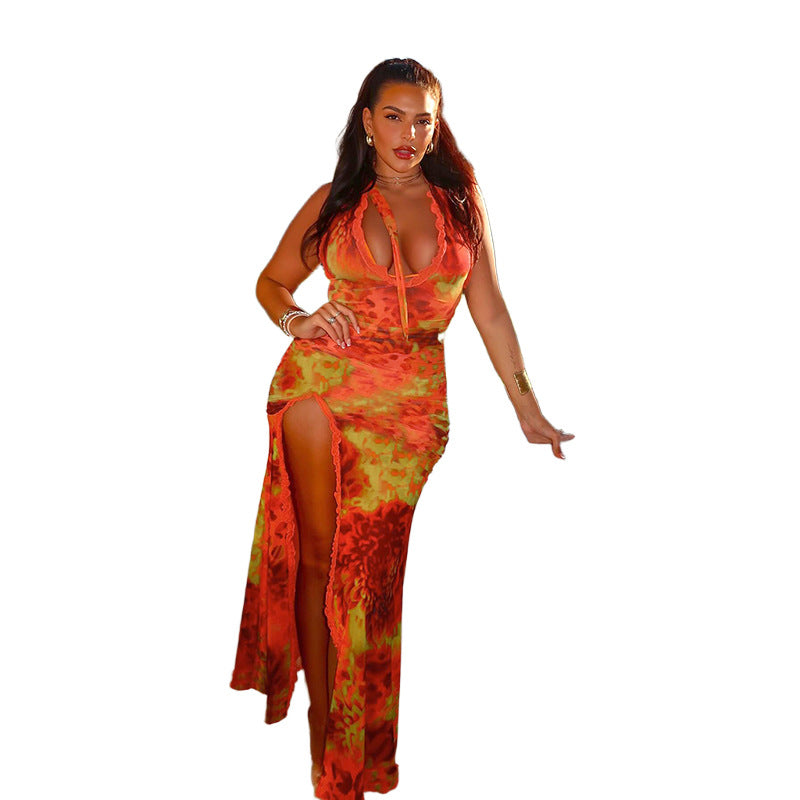Animal Print Bodycon Maxi Dress with Halter Neck and High Slit