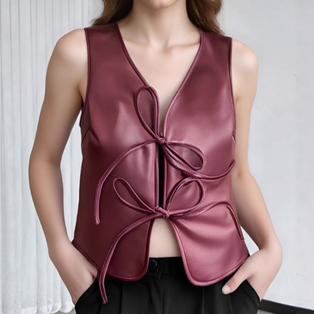 Cropped PU Leather Vest with Front Tie Closures