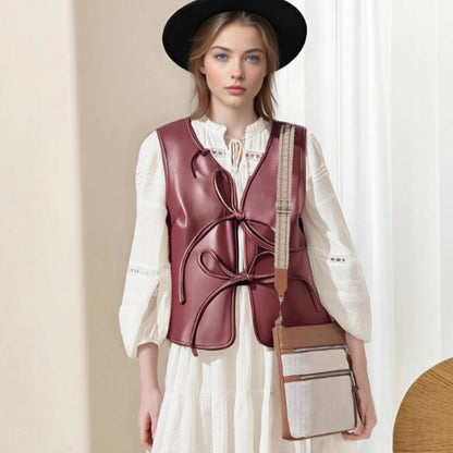Cropped PU Leather Vest with Front Tie Closures