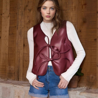 Cropped PU Leather Vest with Front Tie Closures