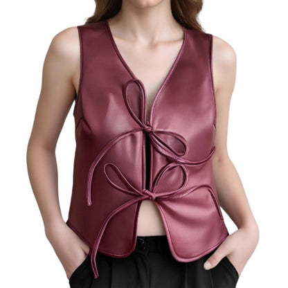 Cropped PU Leather Vest with Front Tie Closures