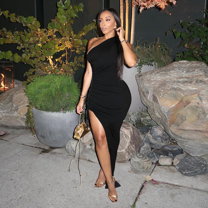 Bodycon Maxi Dress with One-Shoulder and Side Lace-Up Detail