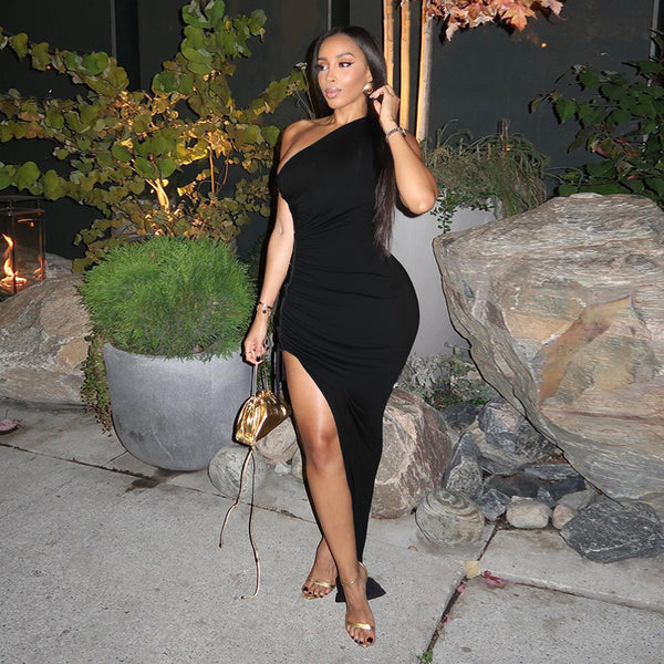 Bodycon Maxi Dress with One-Shoulder and Side Lace-Up Detail