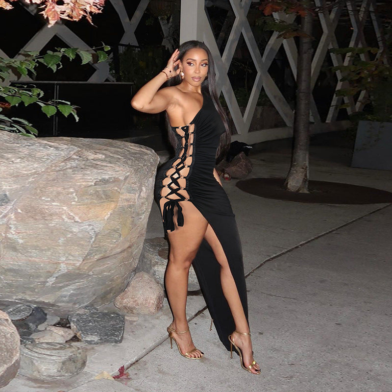 Bodycon Maxi Dress with One-Shoulder and Side Lace-Up Detail