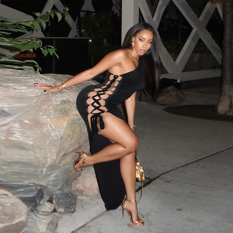 Bodycon Maxi Dress with One-Shoulder and Side Lace-Up Detail
