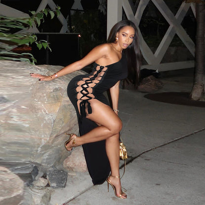 Bodycon Maxi Dress with One-Shoulder and Side Lace-Up Detail