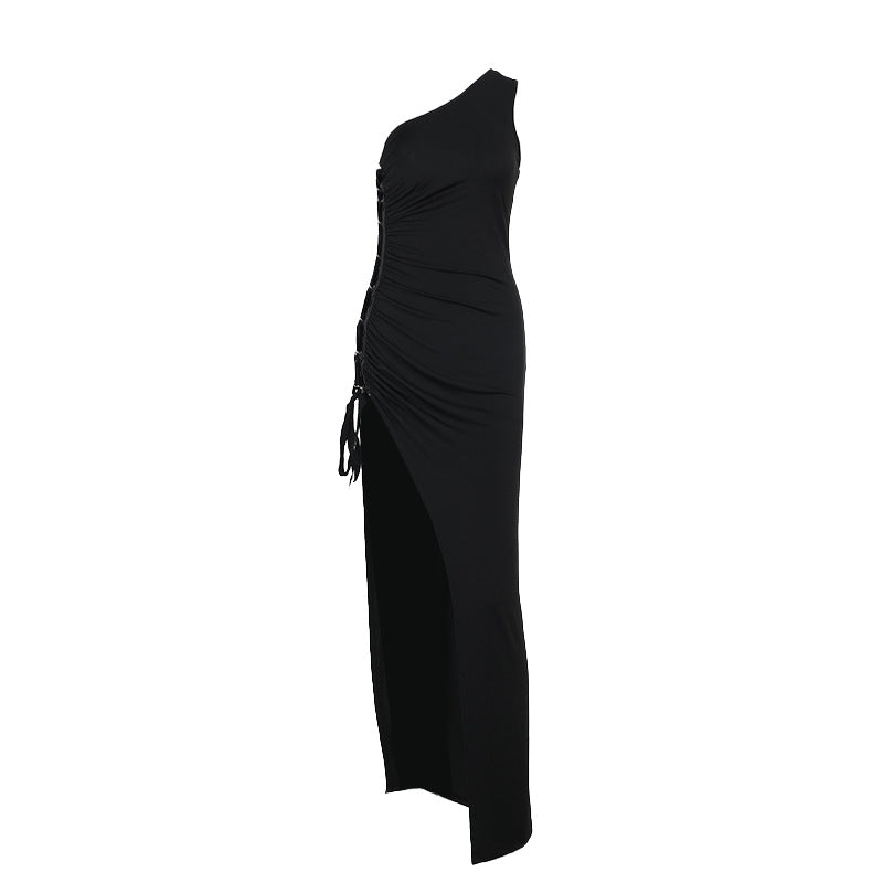 Bodycon Maxi Dress with One-Shoulder and Side Lace-Up Detail